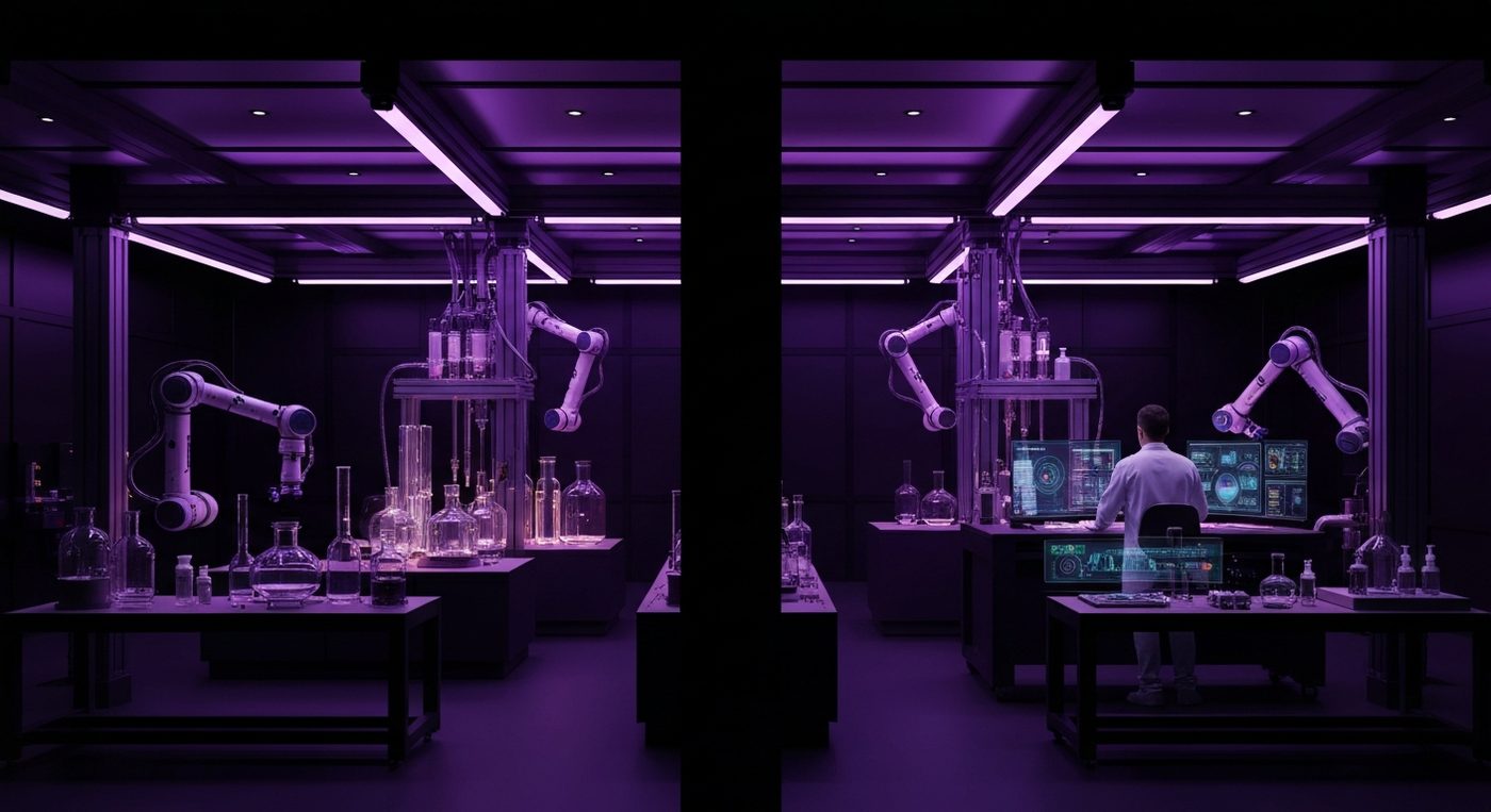 Autonomous laboratory with robotic arms and purple lighting