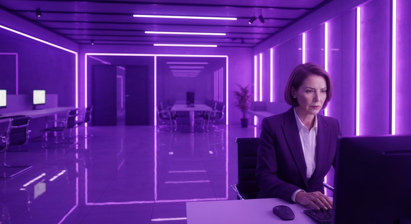 Visual agentic memory system with interconnected knowledge nodes and purple lighting